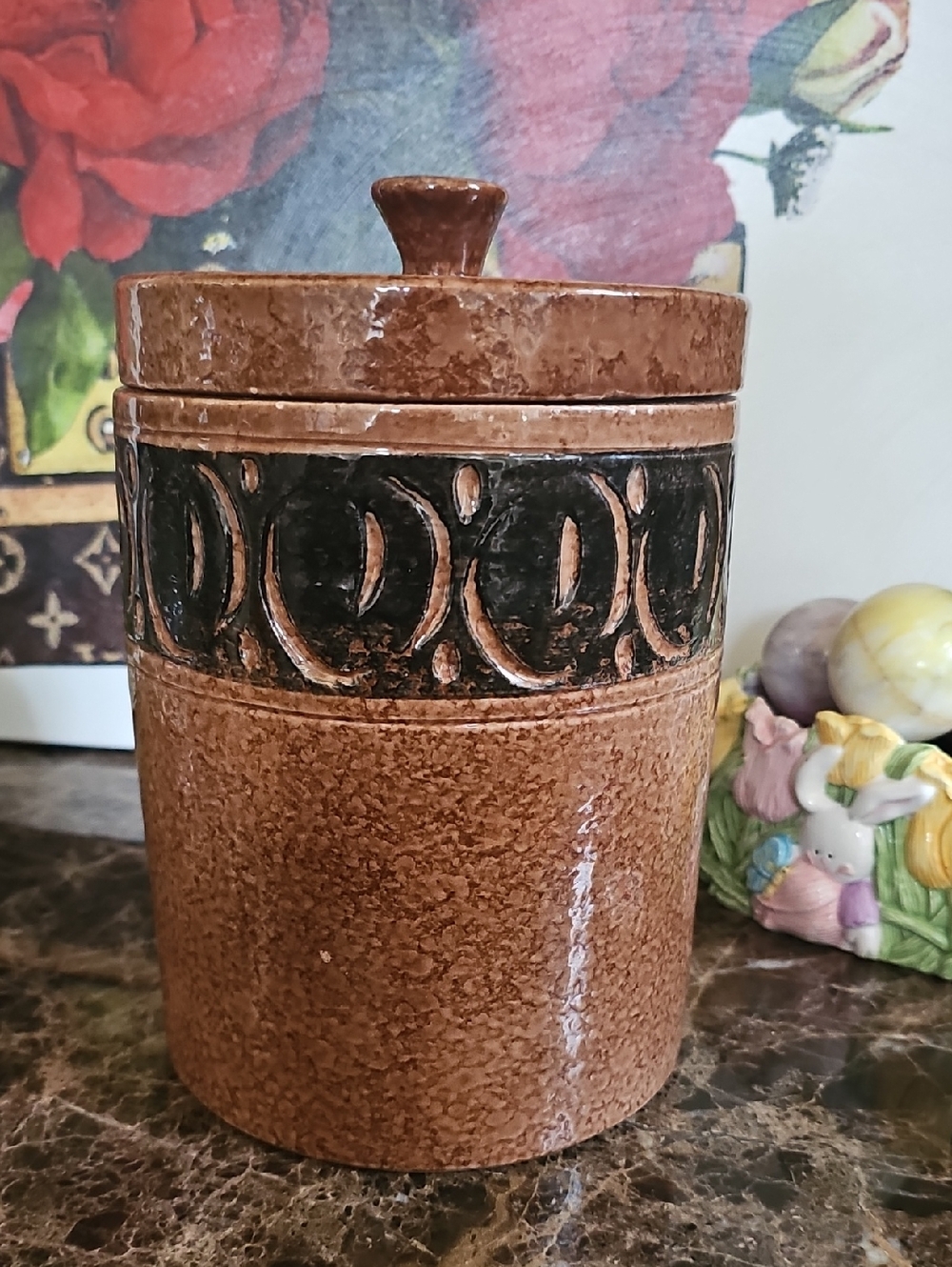 Vintage Brown Ceramic Canister with Decorative Band 8"Hx6"W Approx